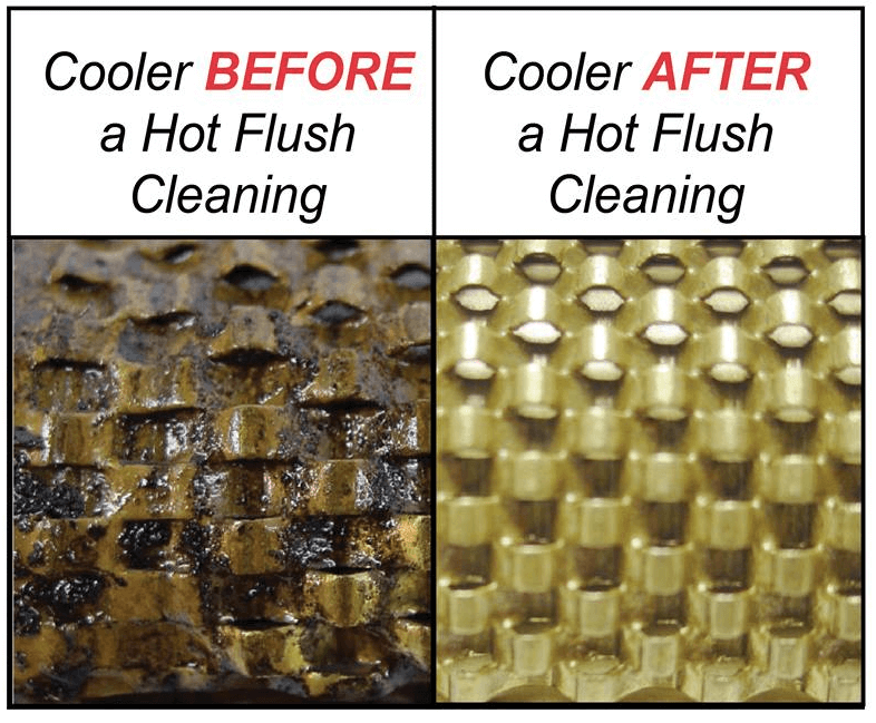 An example of a transmission cooler cleaned with the Hot Flush machine.